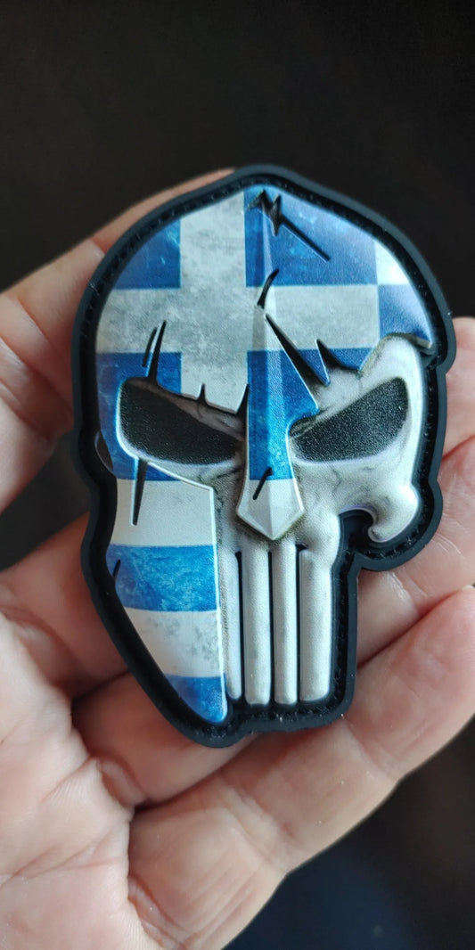 SPARTAN SCULL - GREEK FLAG 3D PVC PATCH - PVCPATCHWORLD.STORE